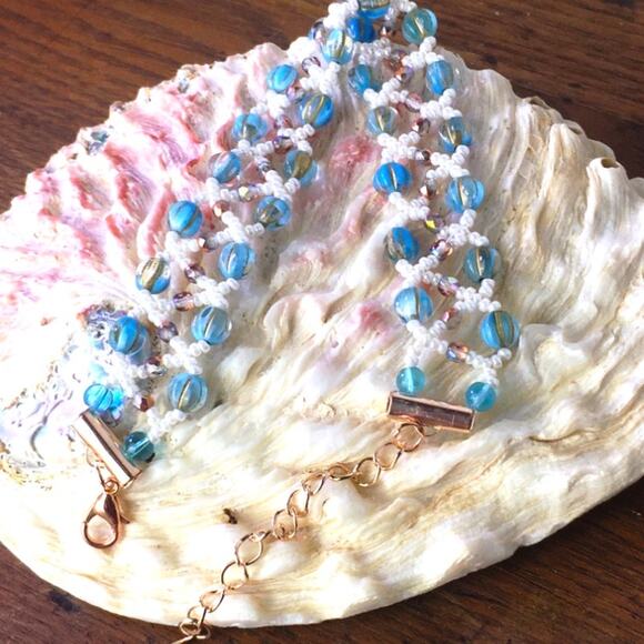 Blue, Gold & Ivory Netted Woven Bracelet - Picture 2 of 6